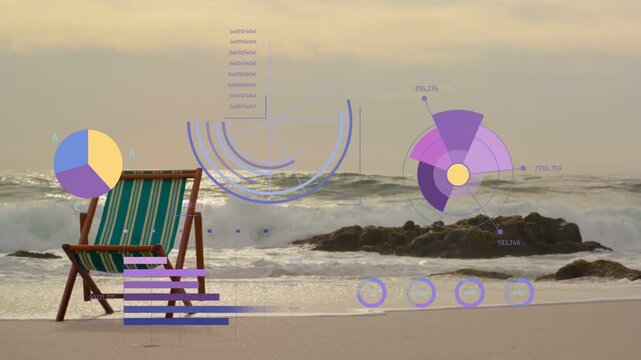 On start animated charts rising over beach, overlaying chair, tracking waves showing analytics