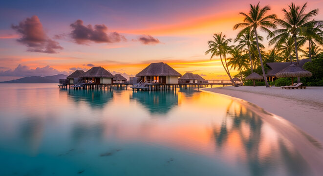 Luxurious tropical overwater bungalows at sunset with vibrant reflections on the serene turquoise lagoon and a pristine beach