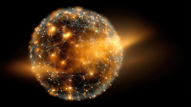 Abstract representation of a glowing interconnected network sphere with light effects, symbolizing technology, innovation, and global connectivity in dark background