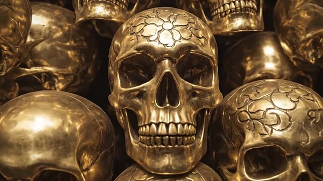 A collection of golden skulls arranged closely together, creating a unique and striking pattern
