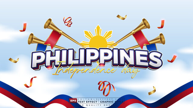 Editable 3d text effect philippines independence day with national flag and confetti for banner template