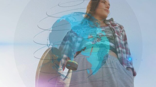 Holo overlay resolving, revealing woman holding board at plaza looking to sky in plaid, camo top