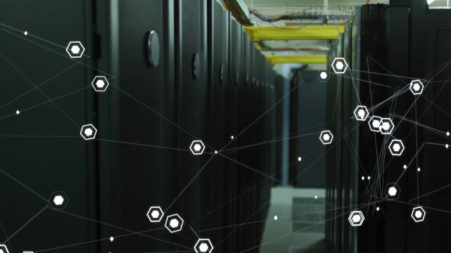 Camera pushing forward, revealing tray and driving datacenter overlay, hex nodes clustering racks