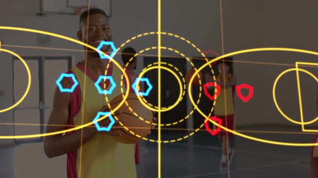 Front player holding basketball, team passing, HUD drawing grid, adding markers showing positions