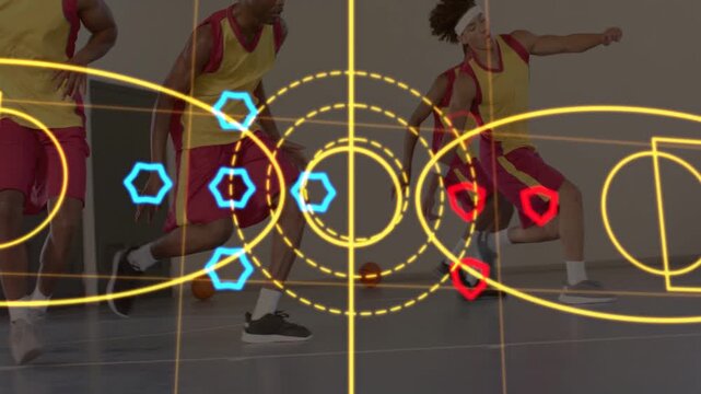 Four male basketball players cutting toward loose ball on court, vying for ball, sports HUD mapping