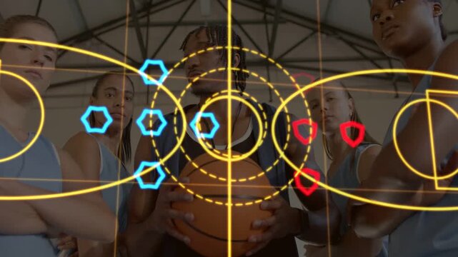 Animating overlay, coach holding basketball directing team in blue jerseys in gym, teaching plays