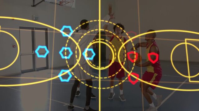 Signaling coach raising hand coaching players wearing red yellow jerseys at gym, basketball, HUD