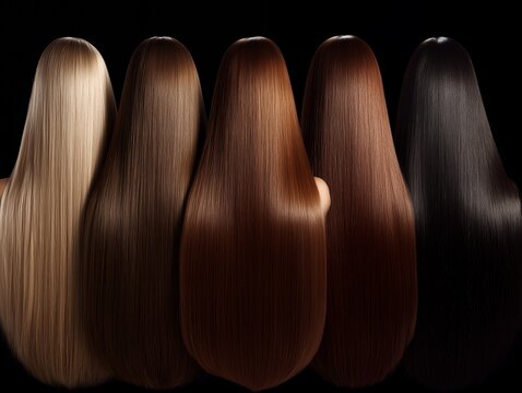 Assorted shades of long silky hair back view on black background