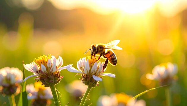 Bee perches on wildflowers in green meadow, soft focus background.