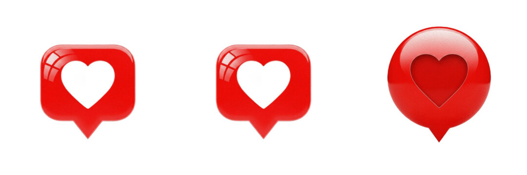 Set of Glossy Red Social Media Heart Icons and Like Notification Pins Isolated on White Background - Realistic 3D Render of Love Buttons for App Interface, Marketing, and Engagement