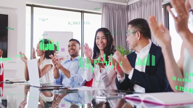 Presenter announcing news, business team clapping as green charts overlaying group reflection