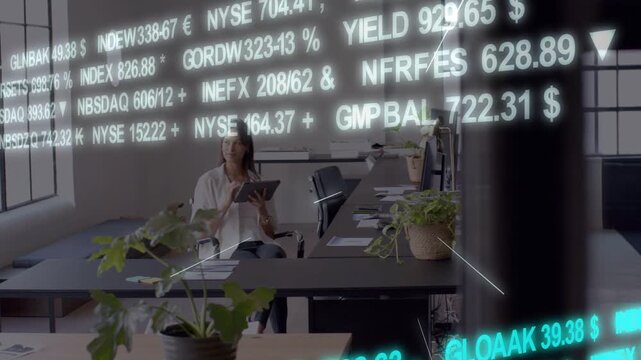 Woman sitting long table while finance tickers scrolling, comparing tablet to projected market data