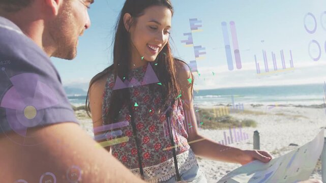 Reaching arm, pair holding map tracing route and planning on beach, woman in floral top, overlays