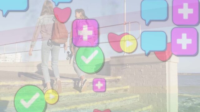 Walking two friends climbing sea steps toward railing with backpacks, skateboard, icons appearing