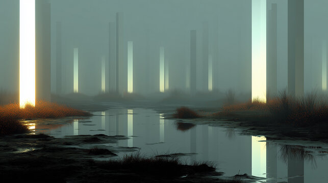 霧の立ち込める湿原に並ぶ発光する白い柱 幻想的な夜明けの風景