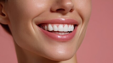 Naklejka premium Close-Up of a Beautiful Smiling Woman with Healthy Teeth and Radiant Skin Posing Against a Soft Pink Background in a Studio Setting