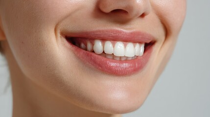 Fototapeta premium Close-Up of a Beautiful Woman's Smile with Bright White Teeth, Healthy Gums, Natural Makeup, and Soft Lips on Light Background