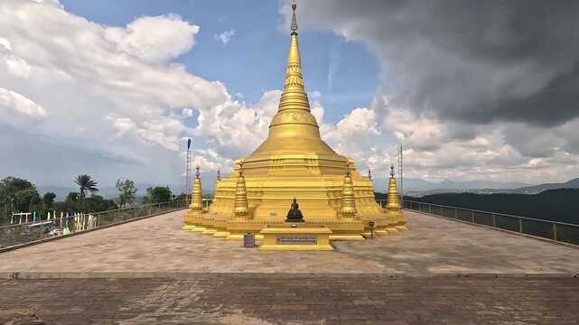 Thai Style Stupa at Nelligala Temple Sri Lanka &ndash; Golden Buddhist Pagoda on Mountain Landscape