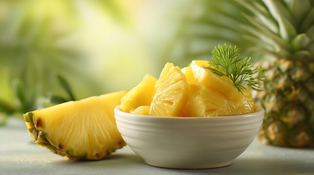 Fresh pineapple chunks in a white bowl with a green leaf on top