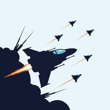 Minimalist vector illustration of a squadron of dark starfighter silhouettes flying diagonally with orange engine exhaust trails against a light blue background with smoke.