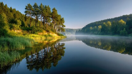 Obraz premium Serene Morning Landscape with Misty Reflections on Calm Water Surrounded by Lush Green Forest and Pine Trees in Tranquil Nature Setting