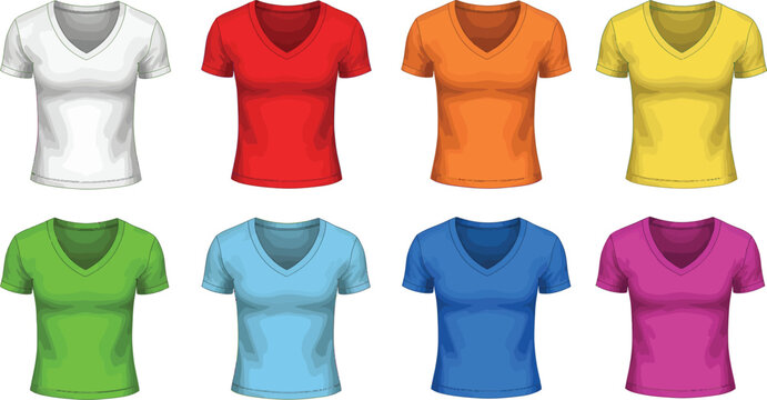Collection of blank v-neck short sleeve t-shirts in assorted colors with an array of eight blank, colorful v-neck t-shirts, neatly arranged, t shirt, v neck, women s, e commerce, white background