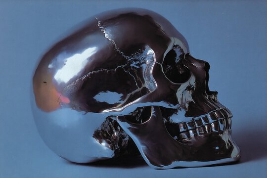 Shiny metallic skull on blue background, detailed human anatomy concept with reflective surface and teeth visible, artistic and medical illustration of skull shape.