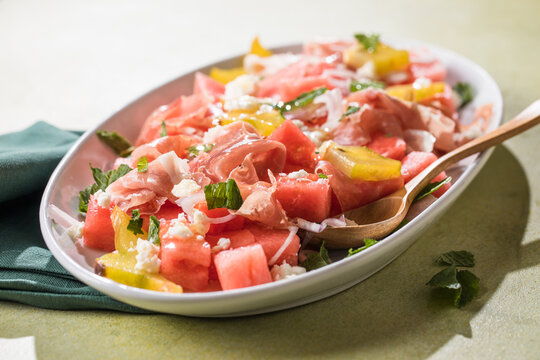 Summer salad with water-melon mint and prosciutto.