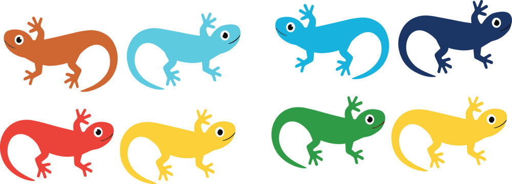 Colorful gecko lizard cartoon set with different bright styles, cute reptile illustration collection for kids, nature and wildlife design