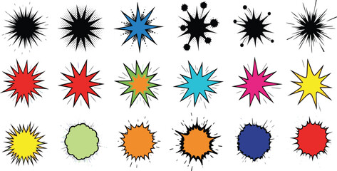 Comic explosion and burst shapes set, pop art starburst elements and speech effect graphics, colorful cartoon explosion collection © Sumon Creative