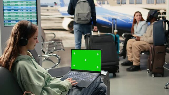 Chroma key laptop with gen z girl waiting in airport terminal lounge, balancing work tasks with an upcoming flight. Surrounded by travelers and suitcases, global mobility and freedom.