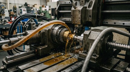 Fototapeta premium Medium shot focusing on oilbased lubrication flowing steadily into a machining center highlighting machinery components and fluid delivery.