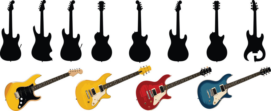 Electric guitar silhouettes and colored models set with different styles, musical instrument illustration collection for rock, band and music design