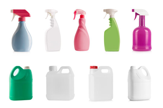 Set of Cleaning Spray Bottles and Plastic Containers Isolated on White background. for household, industrial  cleaning product and packaging design and mockup.

 