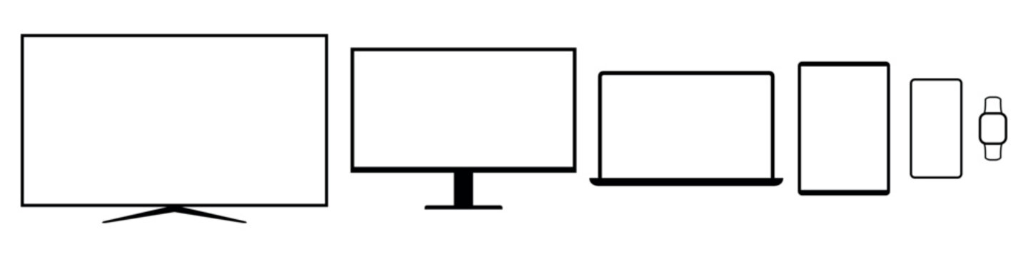 Outline icons of electronic devices TV monitor laptop tablet smartwatch smartphone. Vector on white background