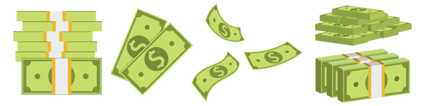 Money stack and flying dollar bills set cash bundle vector. Vector on white background