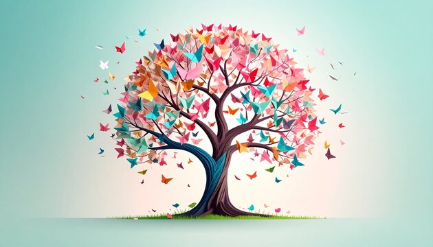 Vibrant Tree of Life adorned with a kaleidoscope of colorful butterflies, symbolizing growth, renewal, and the beauty of nature in a dreamlike setting