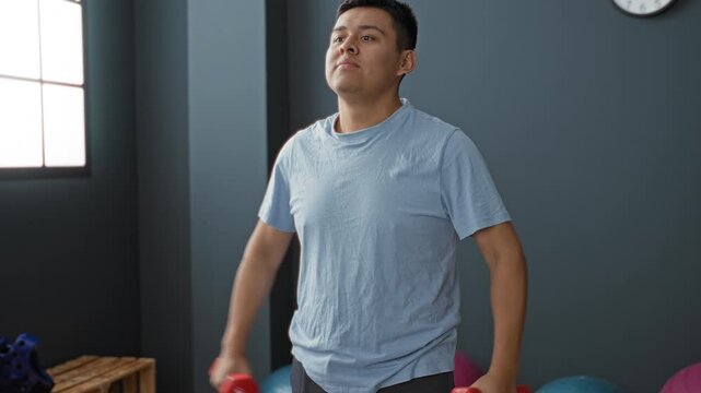 Man lifts red dumbbells with arms raised, bare forearms visible in a gym inside a building with clock and window; strength determination.