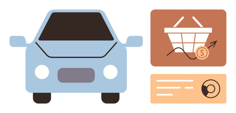 Transportation, e-commerce, finance, data analytics, futuristic mobility, digital payments. Blue car accompanied by a graph and shopping cart icon. E-commerce and finance concepts