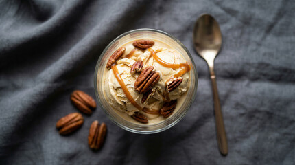 Fototapeta premium Delicious pecan ice cream with caramel sauce and whole pecans in a glass, served on a dark grey linen cloth with a spoon, top view