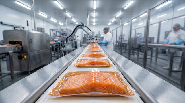 Fresh salmon fillets in vacuum packaging moving on a conveyor belt in a modern food processing factory with workers and machinery