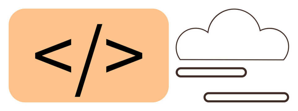 Web development, cloud computing, data storage, coding, technology, software. Code symbols and cloud illustration. Web development and cloud computing concepts