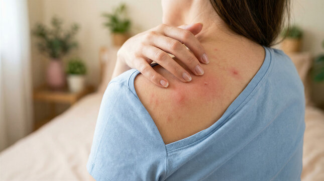 Woman scratching her shoulder due to an itchy skin rash or insect bites, showing red bumps and irritation