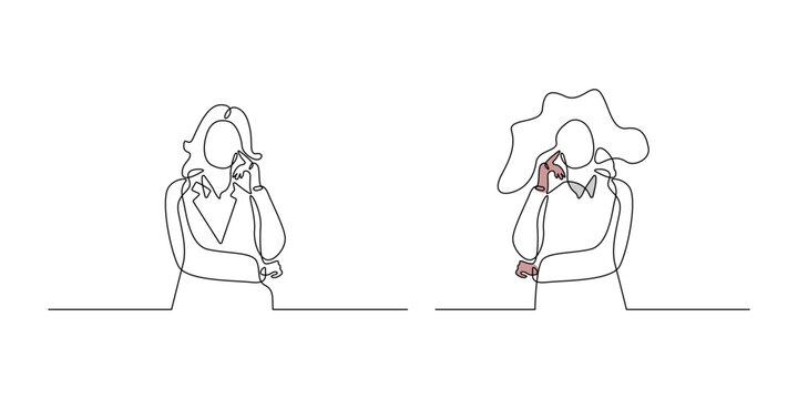 Thoughtful businesswoman hand on chin minimalist line art thinking concept