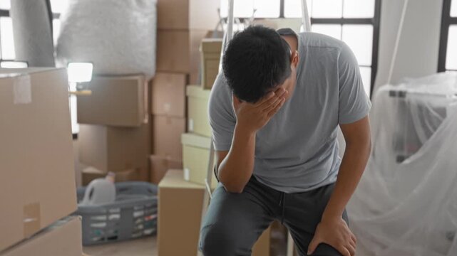 Man seated with hand on head, leaning on knee among stacked cardboard boxes, laundry basket and covered furniture in building during move; home transition anxiety.
