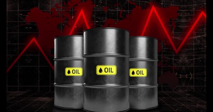 Global Oil Stock Market Financial Business Data Crisis: Industrial Oil Pumps & Crude Oil Barrels On A Red World Map With Rising, Falling Line Graph Chart. Profit Loss Market Analysis Background.