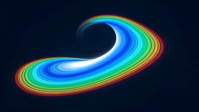 Abstract rainbow light swirl dark background with smooth flowing curve and bright luminous motion blue glow green glow motion blur energy wave luminous trail curved shape digital art dark blue