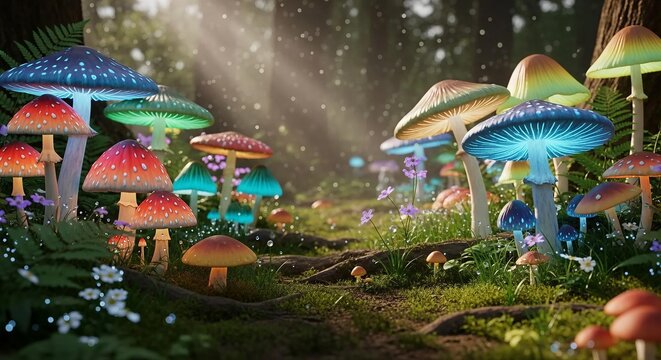 Mushroom Forest Scene, Natural Environment Ecology Concept, 3D Render 4K