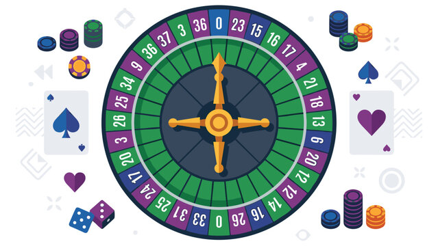 A vibrant casino roulette wheel with playing cards and stacks of poker chips illustration.