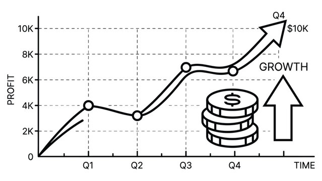 Line graph showing profit growth over time with coins and up arrow.